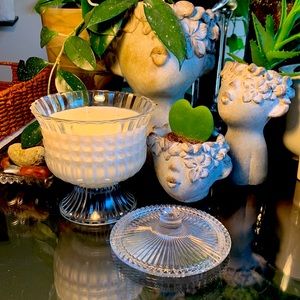 Hand poured soy wax candle in a vintage pressed glass dish with lid